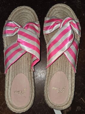 J Crew Women's Sz 8.5 Twisted Knot Espadrille Slides Sandals Pink Striped